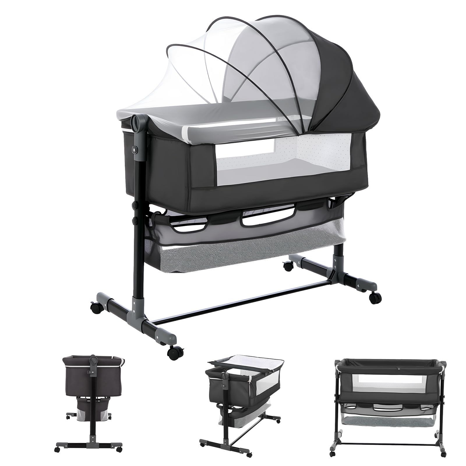 Youyijia 5-in-1 Baby Bedside Crib, Gray A | Convertible Bassinet to Co-Sleeper & Travel Cot, Adjustable Height, Portable Baby Bed, With Mosquito Net, For Newborn