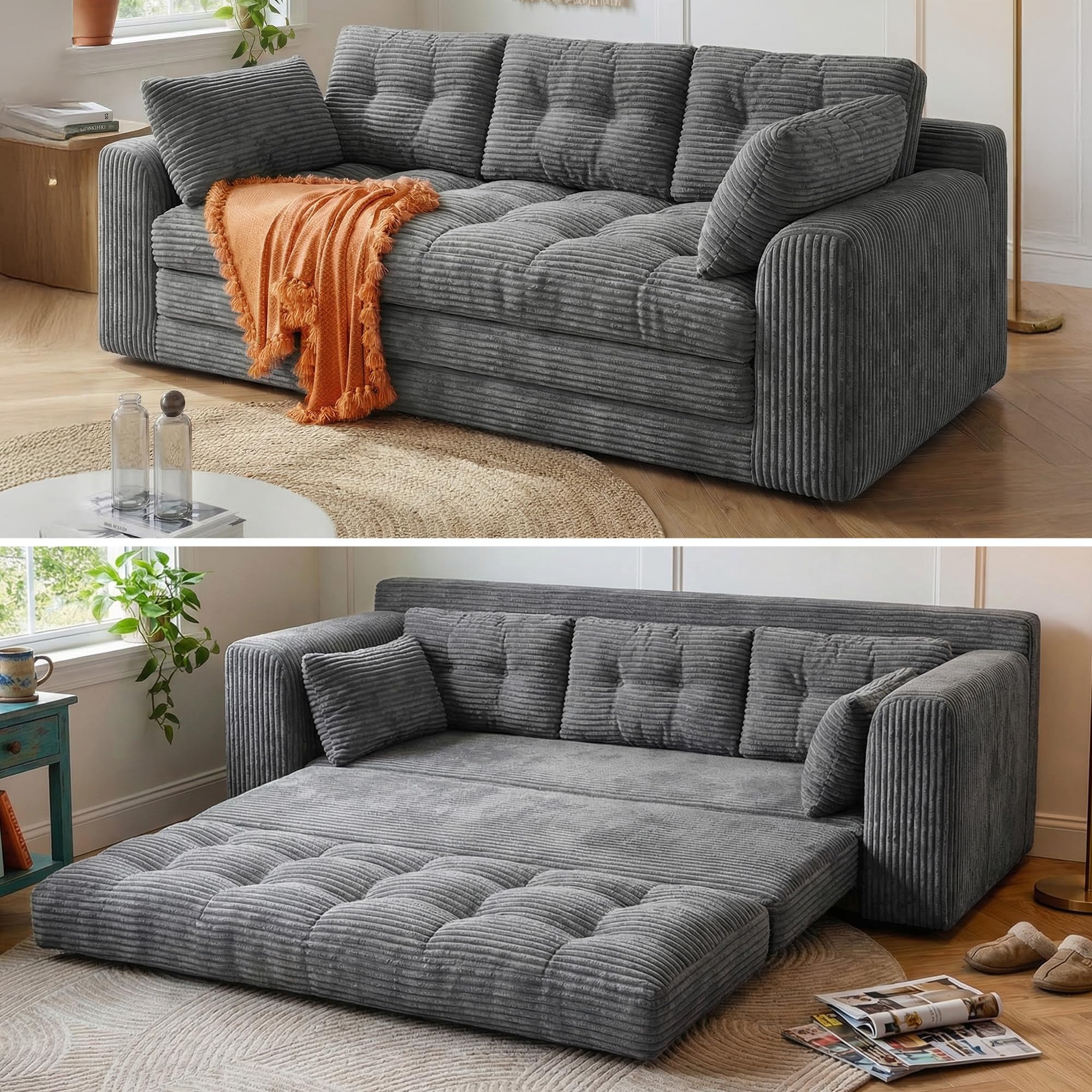 Homkdom Convertible Double Sofa Bed – Space-Saving Foldable Sofa Bed for Small Spaces – No Assembly Required – Pull-Out Sofa with Pillows (Grey)
