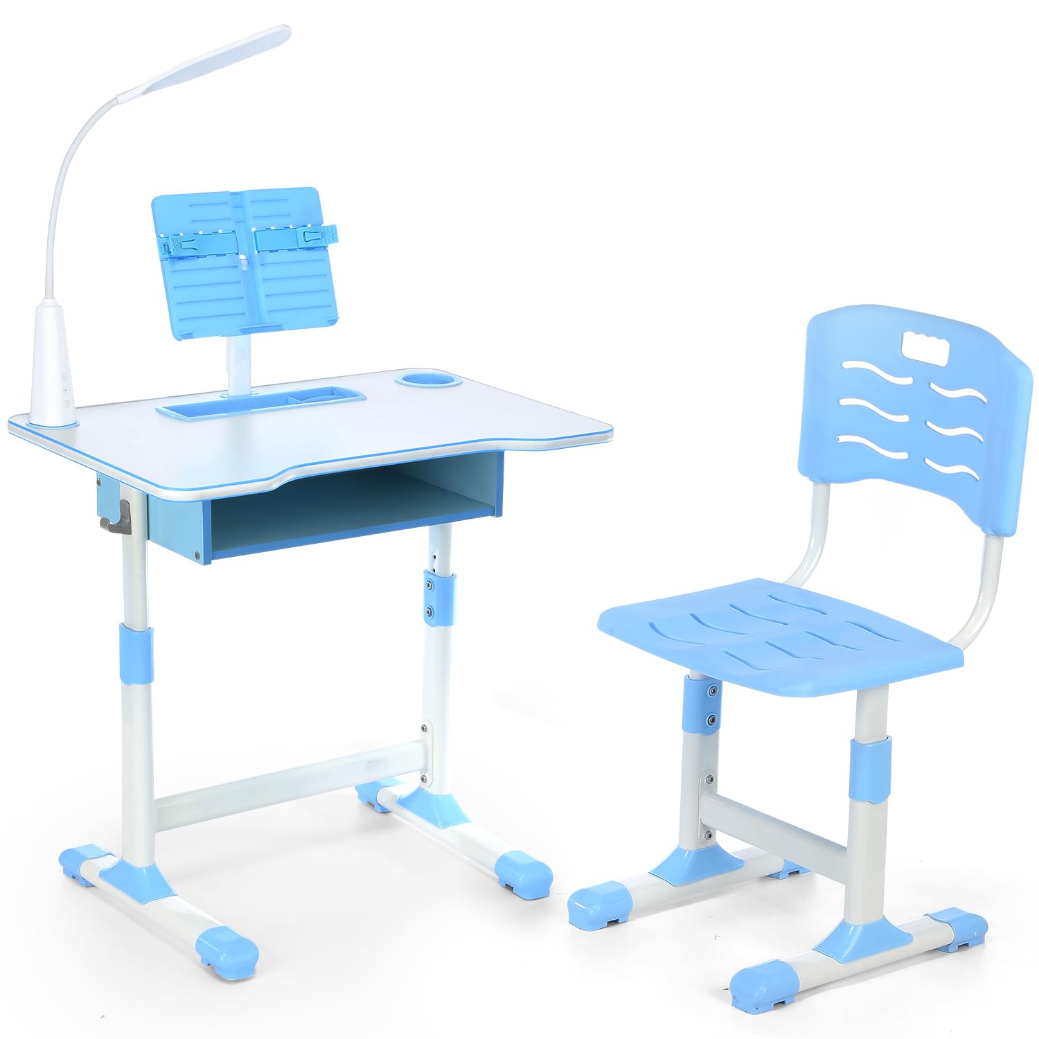 Kids Desk and Chair Set, Adjustable Height Study Table Set, Children's Table & Chair Sets with lamp, Drawer, Book Stand, Pen Slot - Blue