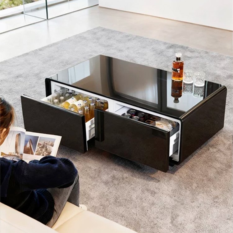 Primst TB135 Modern Black Coffee Table Fridge with Adjustable Temperature and Dual Storage Drawers