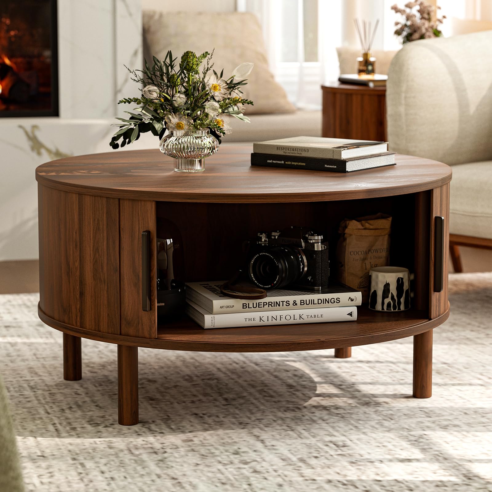ZttRiee Round Coffee Table with Sliding Doors – Mid-Century Modern Walnut | 30.0" Diameter x 16.3" Height