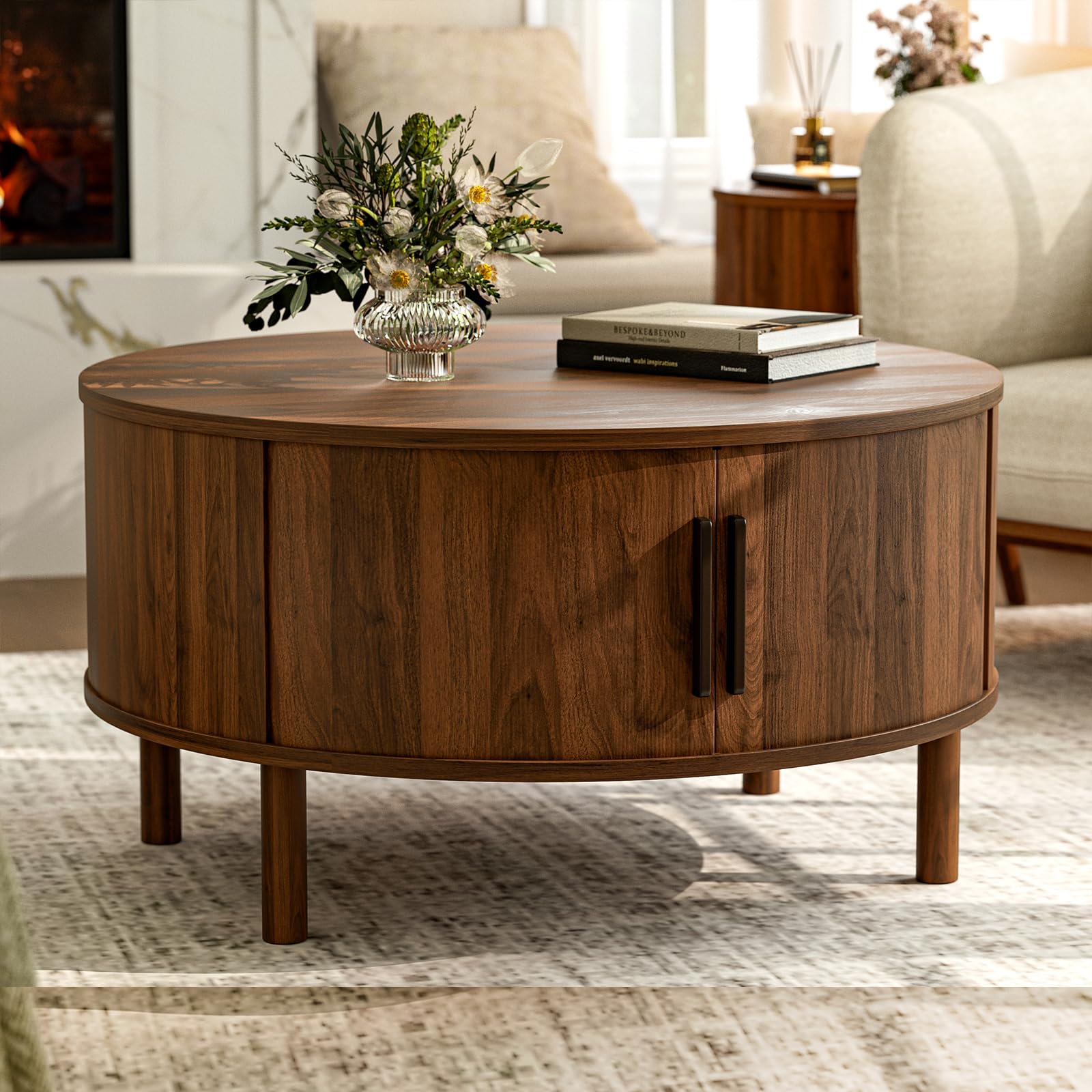 ZttRiee Round Coffee Table with Sliding Doors – Mid-Century Modern Walnut | 30.0" Diameter x 16.3" Height