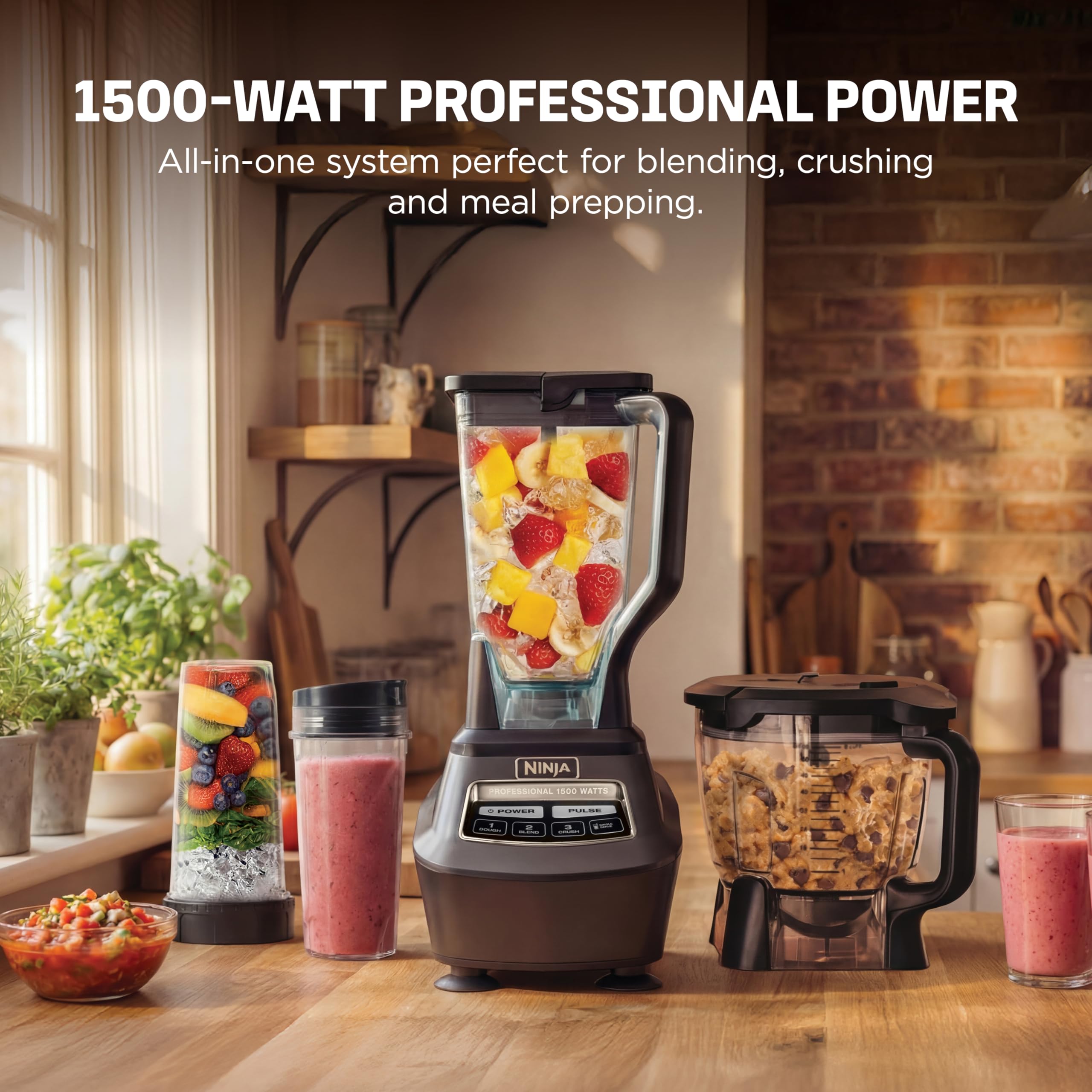 Ninja Blender, Mega Kitchen System, 1500W, 4 functions for smoothies, food processing, dough, drinks, and more; includes 72 oz. pitcher, 64 oz. processor bowl, 2 Nutri cups with lids; Black, BL770