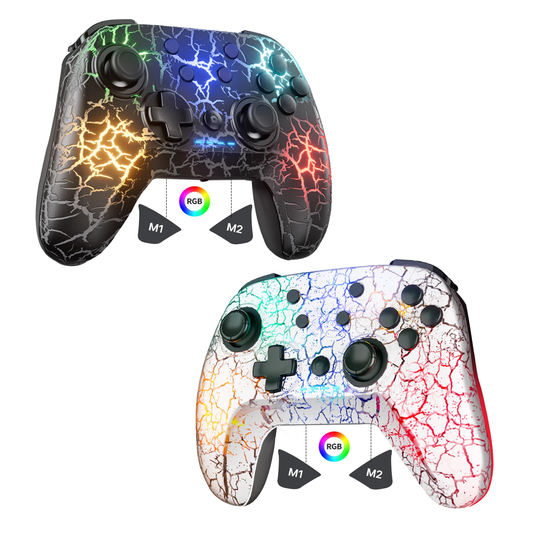 2 Pack Wireless Switch Controller, Compatible with Switch/Switch Lite/OLED/PC, 1000mAh Switch Pro Controller with 9 Color LED