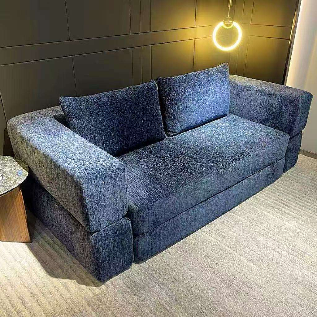 Second-hand modular chenille loveseat; compact, retro-style design suitable for small living rooms