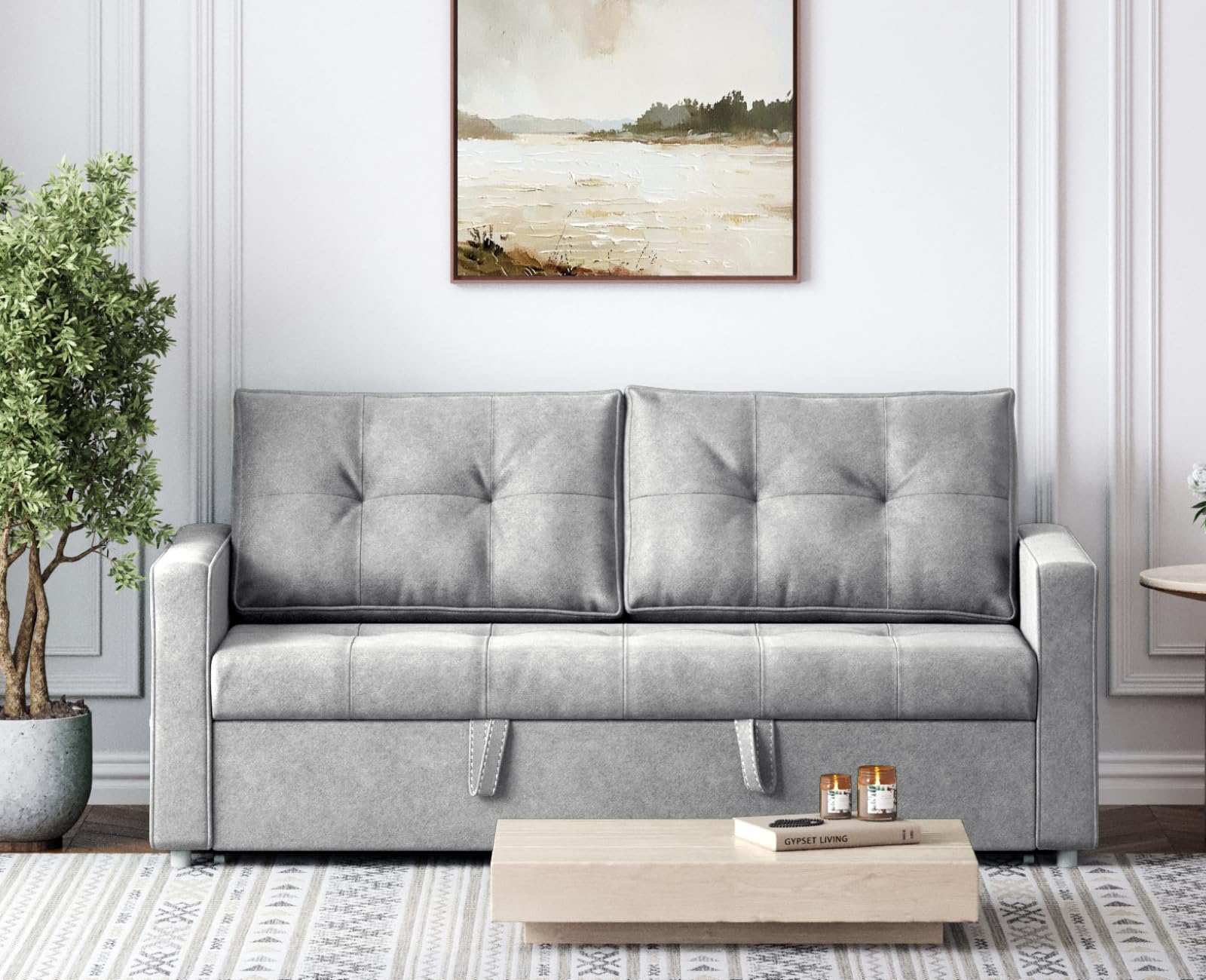 uberlyfe Zouch 3-Seater Wooden Sofa-Lounger-Bed | Bed Size - 6 ft x 6.5 ft | Water Resistant Velvet Fabric, Light Grey | Solid Wood Frame | 2-Year Warranty
