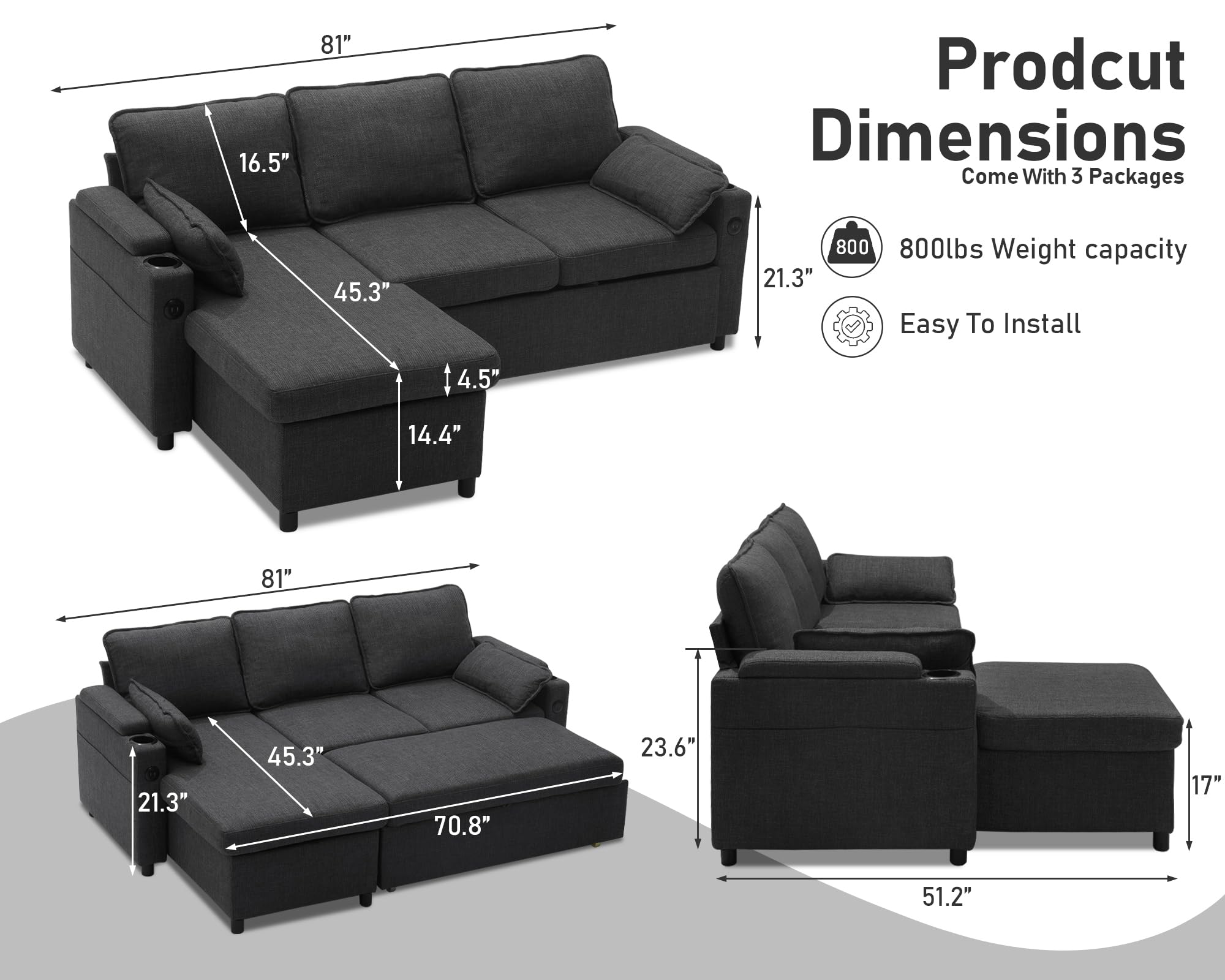 DURASPACE Sofa Bed Sleeper Pull Out 2 In 1 Sectional Sleeper Sofa Couches With Storage,USB, Cup Holder,Pullout Sectional Couches For Apartment Living Room Beige