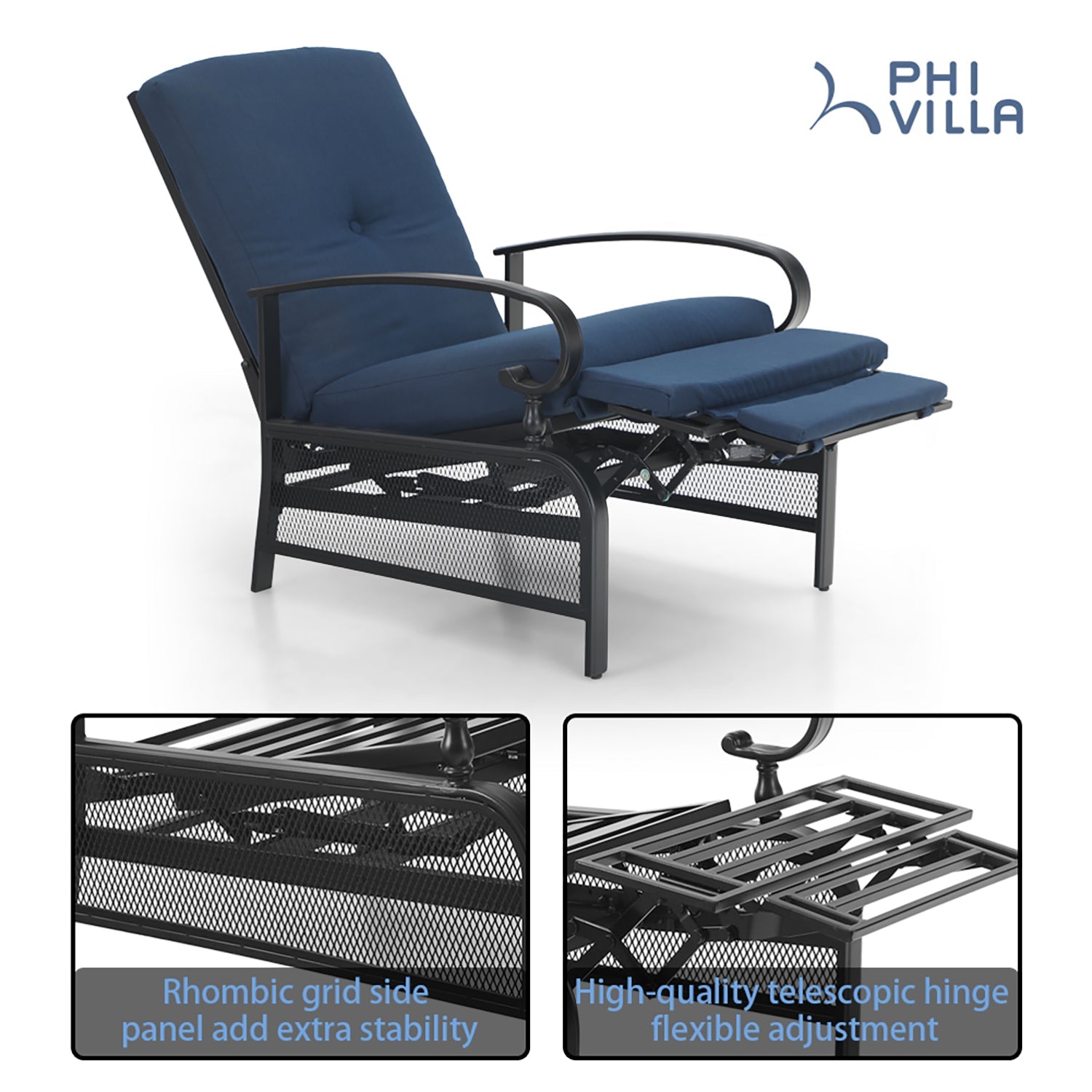[Limited time sale] PHI VILLA Patio Lounge Chair Adjustable Metal Relaxing Recliner