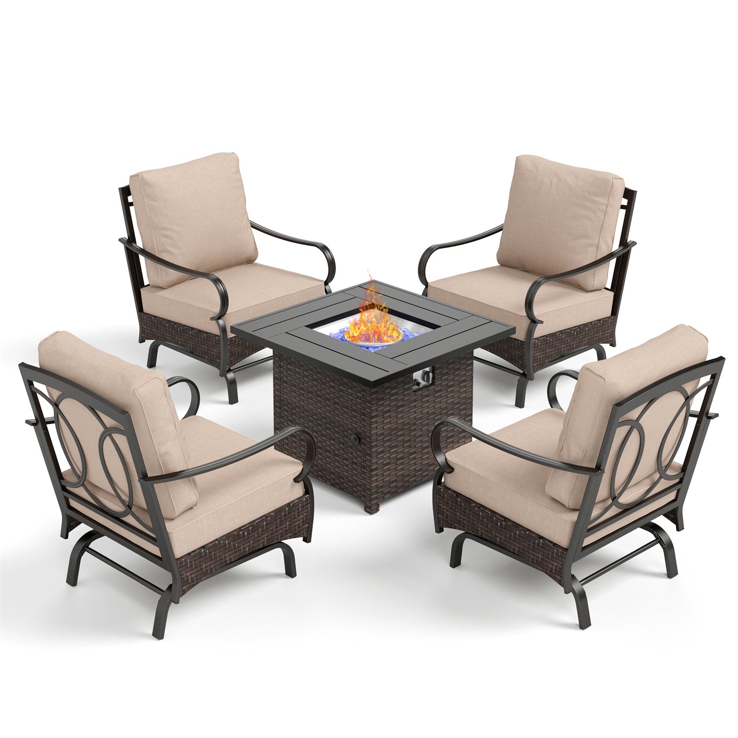 [Limited Time Offer] Phi Villa 4-Seater Outdoor Steel & Rattan Conversation Sofa Set With Square Fire Pit Table