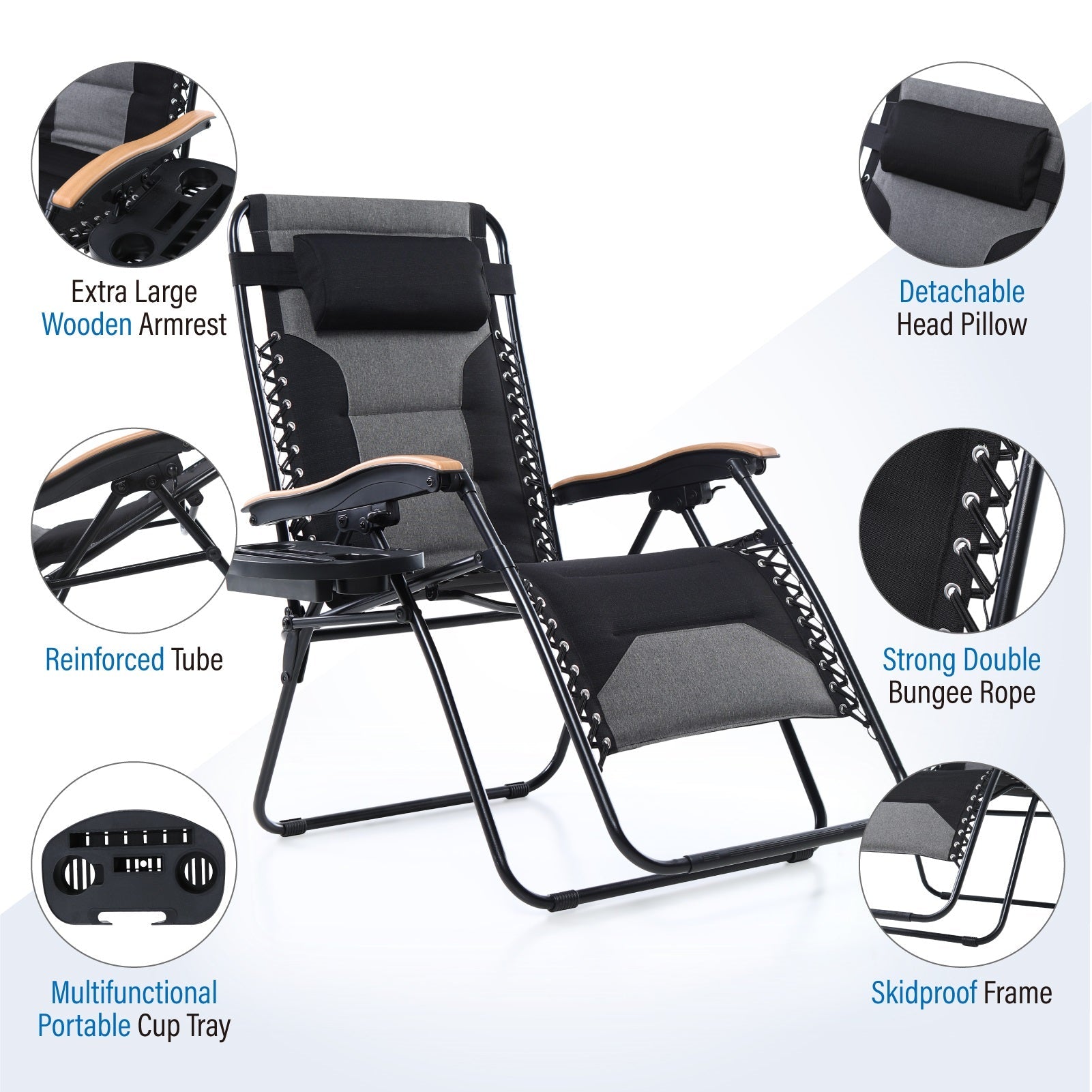 [Limited time sale] Phi Villa Patio Padded Oversize Recliner Zero Gravity Chair with Cup Holder