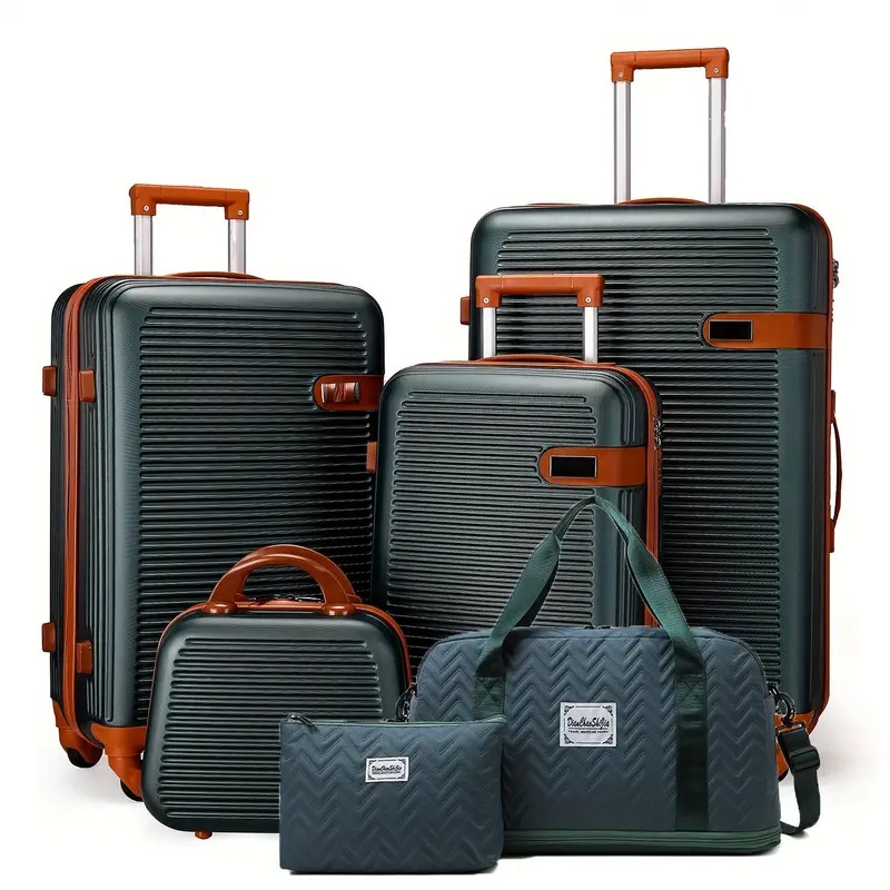 ⚡Last Day For Clearance⚡Six-piece ABS luggage set, including travel and toiletry bags, zippers, spinner wheels, luggage case and anti-scratch luggage