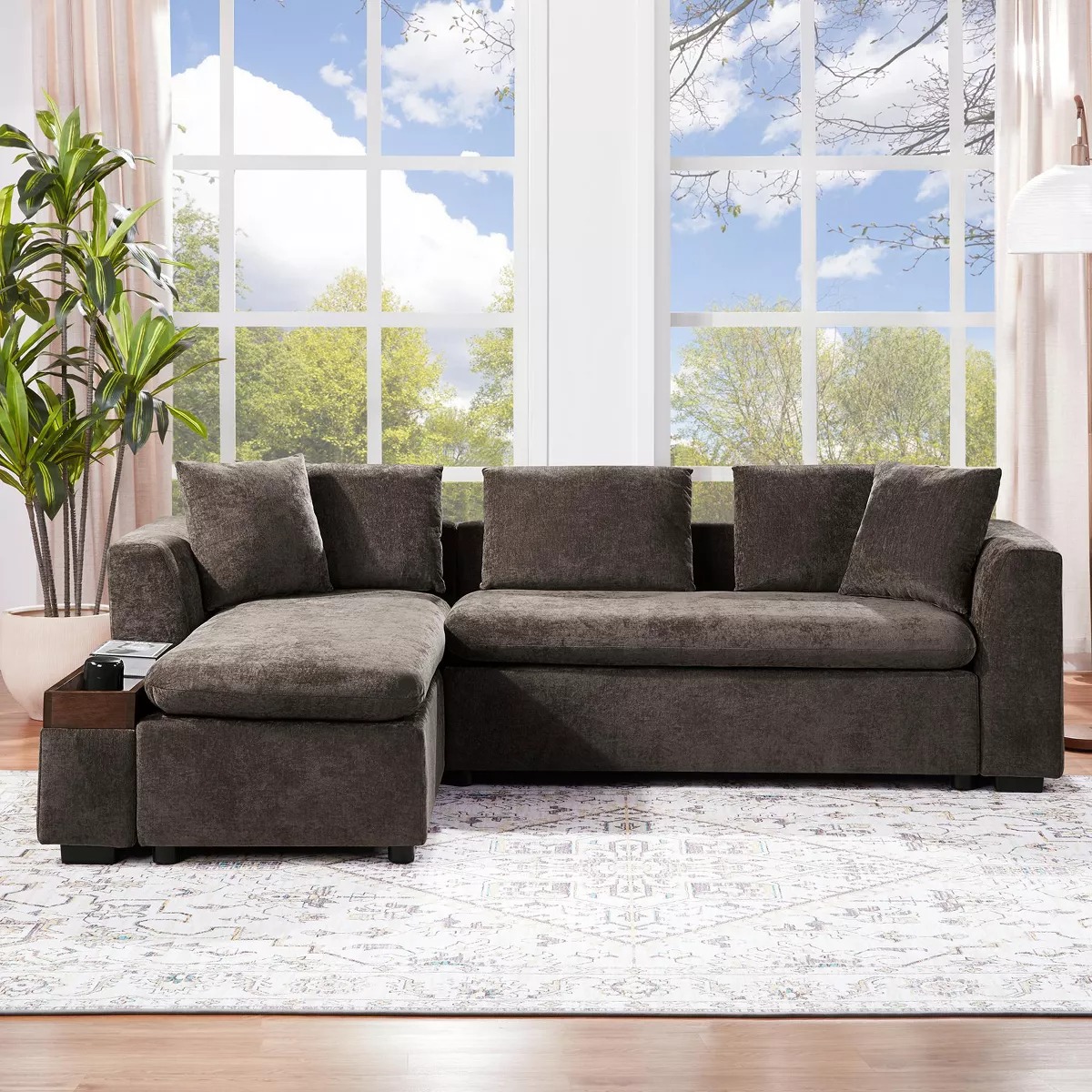 L-Shaped Sectional Sofa Chenille Upholstered Sofa Couch with Wooden Storage Compartment, Black/Brown/Gray/Green