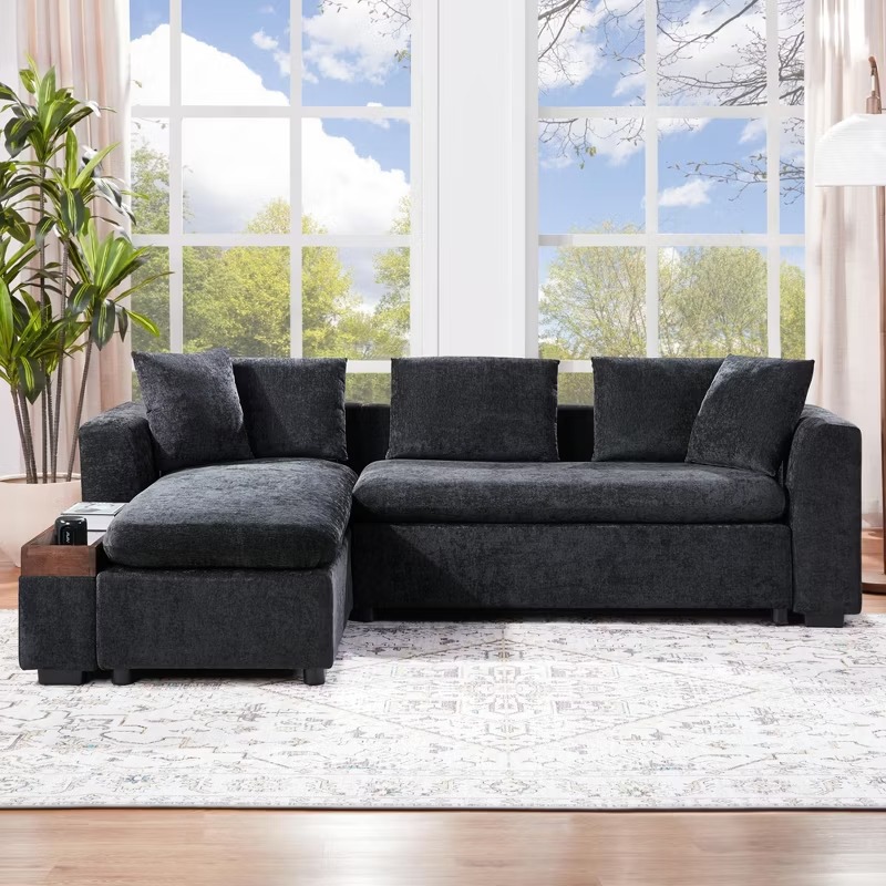 L-Shaped Sectional Sofa Chenille Upholstered Sofa Couch with Wooden Storage Compartment, Black/Brown/Gray/Green