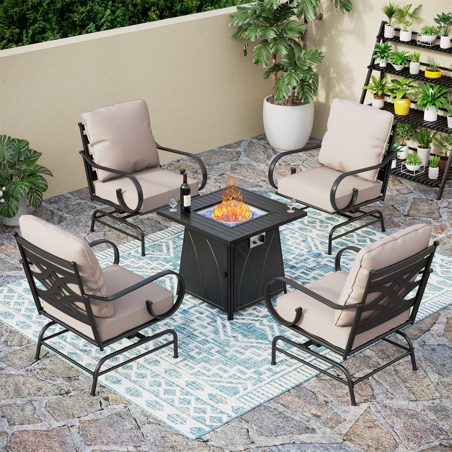 [Limited Time Offer] Phi Villa 4-Seater Patio Elegant Steel Sofa With Square Fire Pit Table