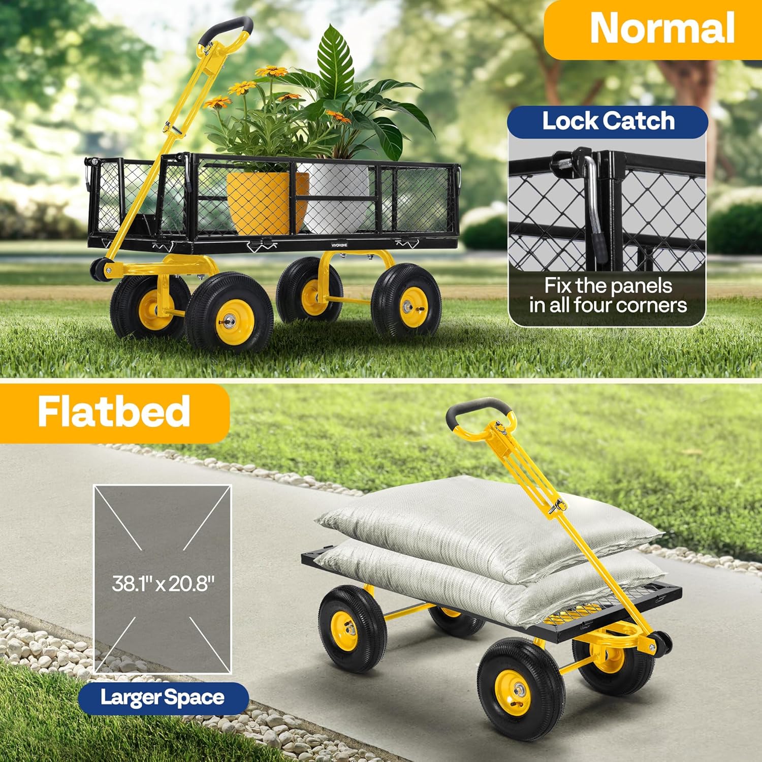 VIVOHOME Garden Cart Steel Heavy Duty 900 LBS Yard and Garden Wagon with 10 inch Tire and Handle Attach to ATV or Tractor