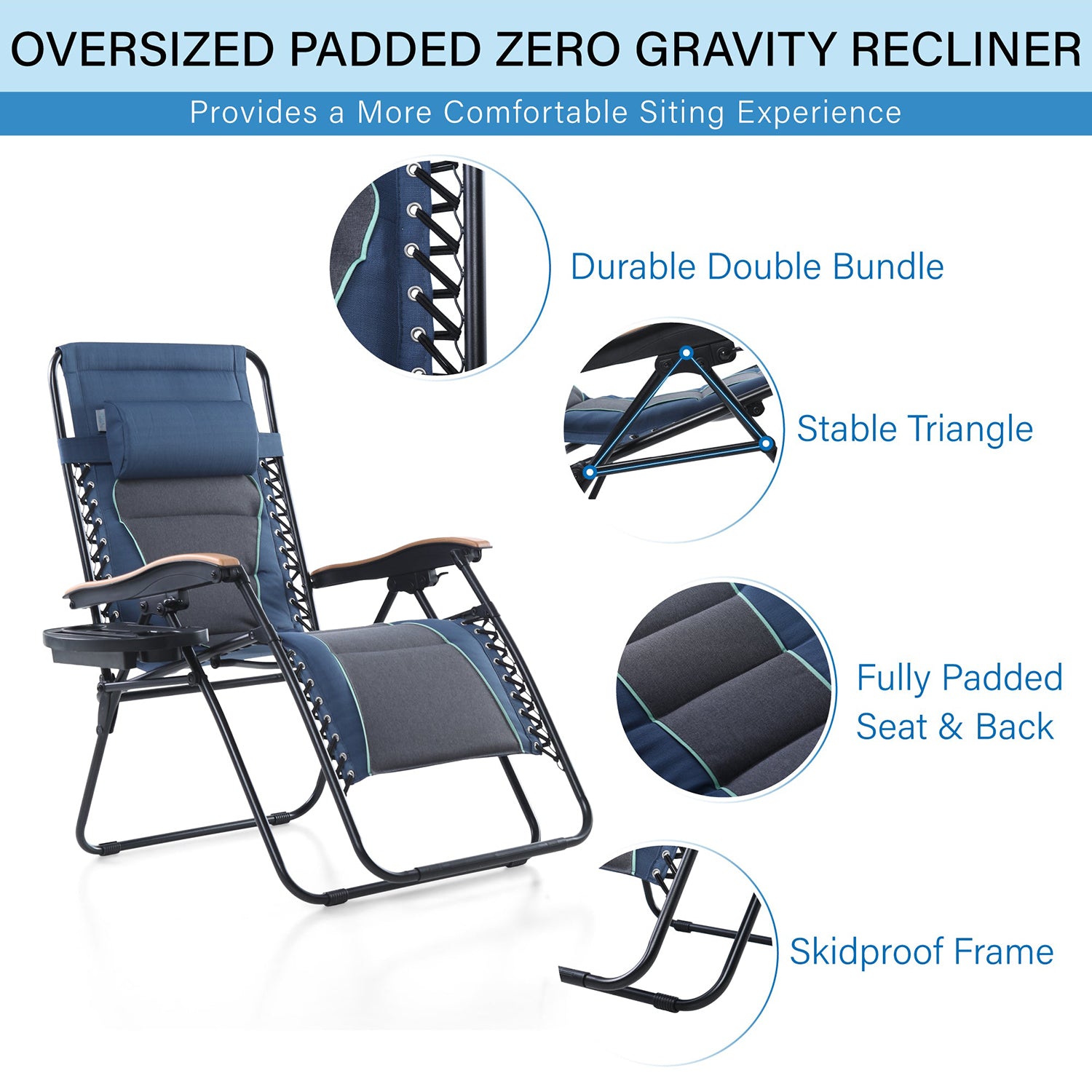 [Limited time sale] PHI VILLA Oversize Padded Adjustable Zero Gravity Chair with Cup Holder