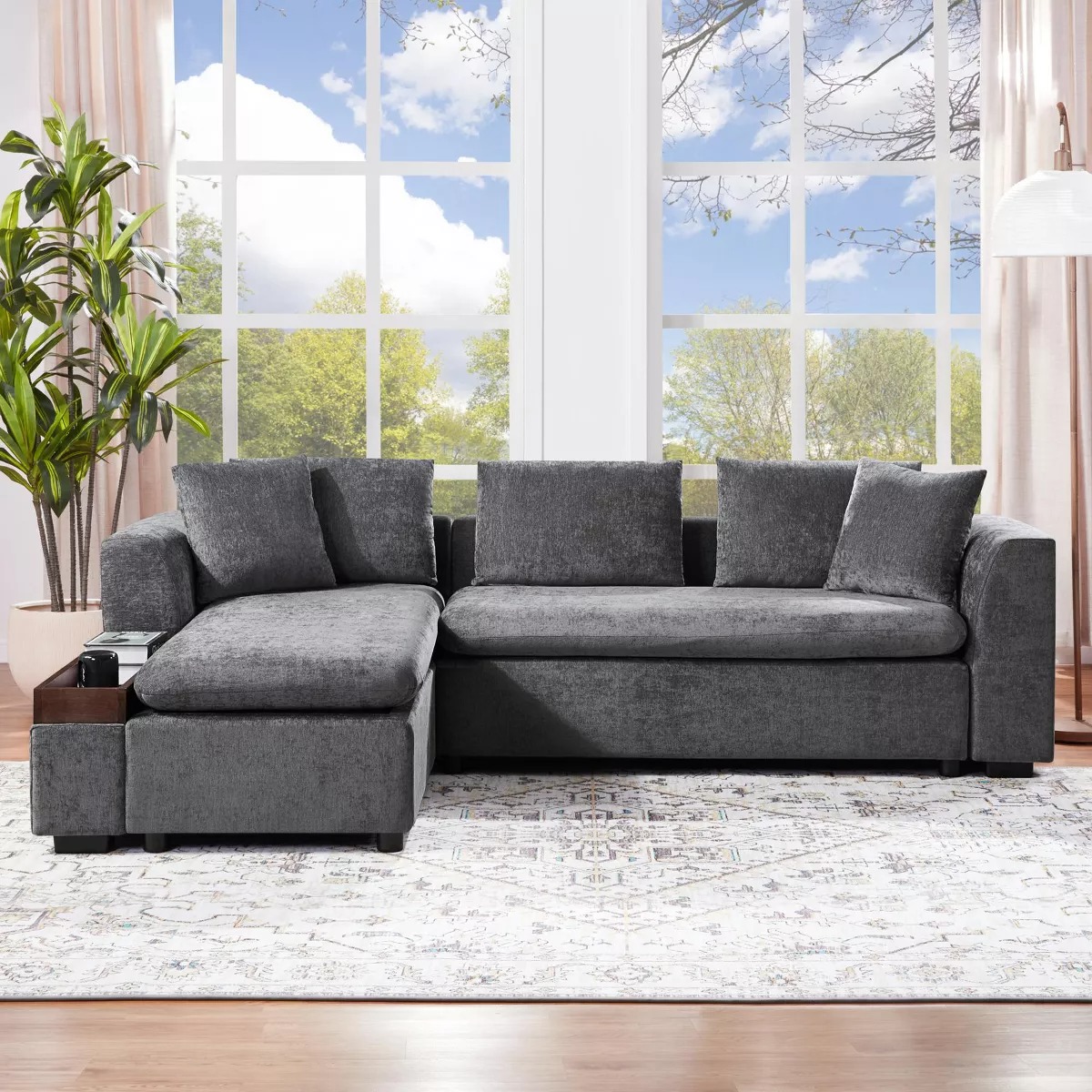 L-Shaped Sectional Sofa Chenille Upholstered Sofa Couch with Wooden Storage Compartment, Black/Brown/Gray/Green
