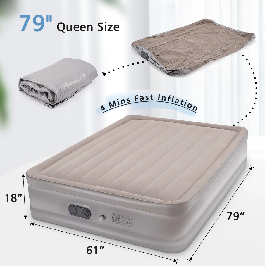 💥iDOO Queen-Size Inflatable Air Mattress with Built-in Pump, Quickly Inflates in 3 Minutes