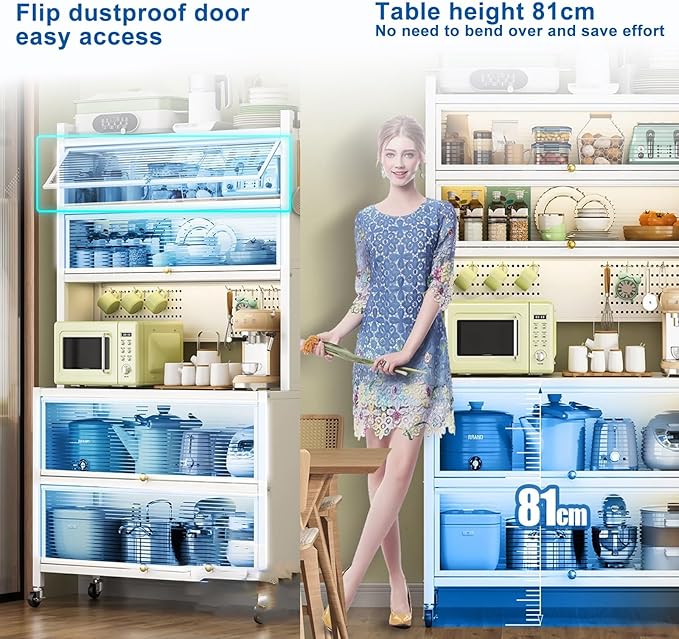 💥 Limited-Time Offer💥6-Tier Kitchen Storage Rack with Flap Doors, Pegboard, Wheels and 8 Hooks