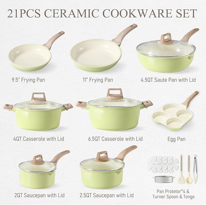 CAROTE 21-piece ceramic non-stick cookware set with frying pan and saucepan