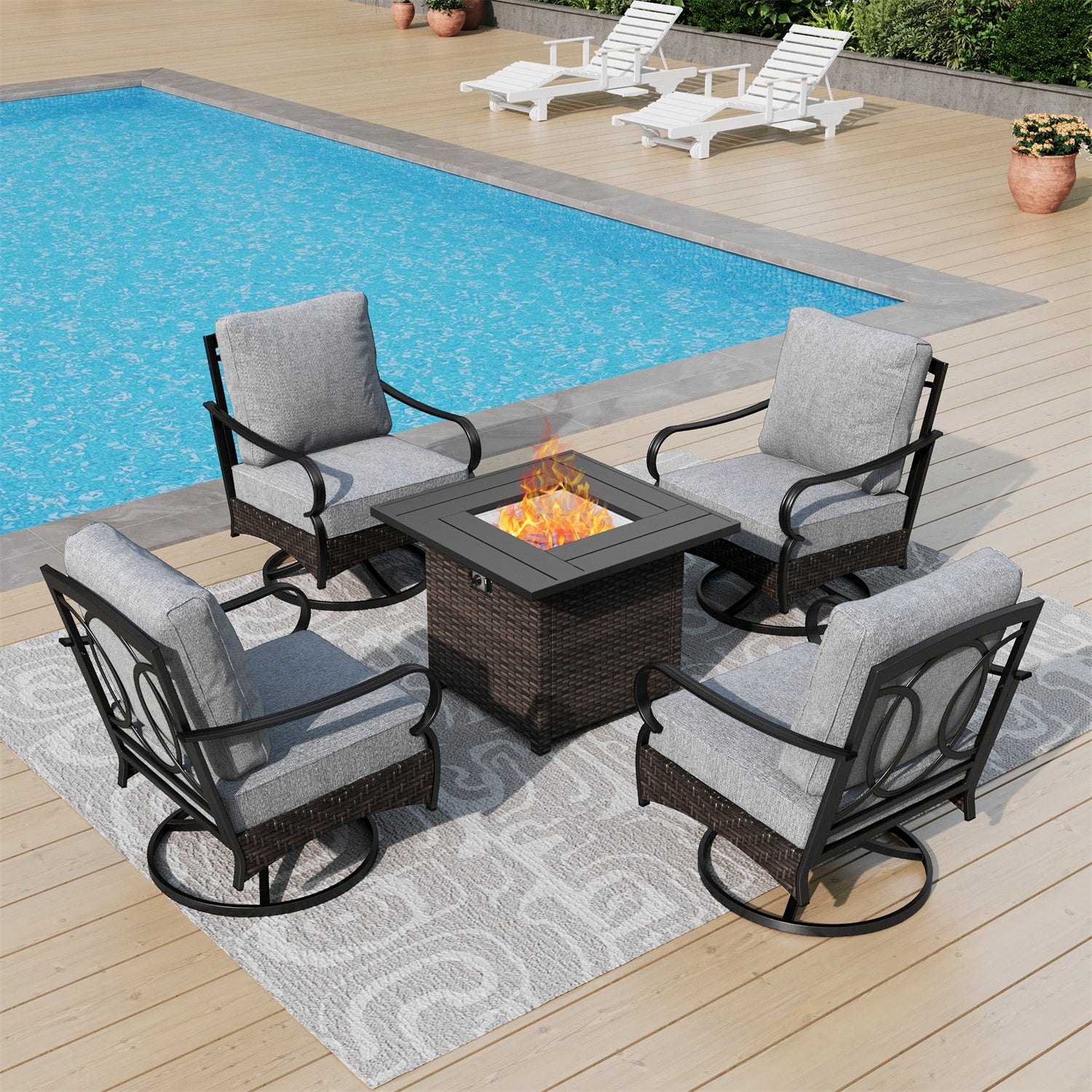 [Limited Time Offer] Phi Villa 4-Seater Outdoor Steel & Rattan Conversation Sofa Set With Square Fire Pit Table