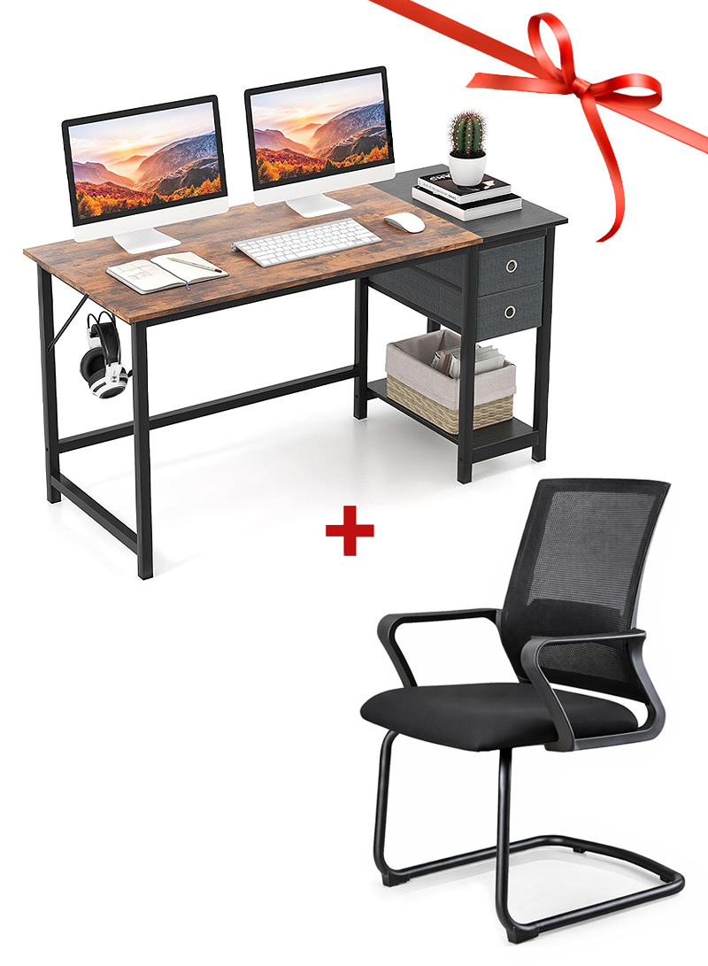 2-in-1 Home Office Set: Modern Computer Desk with Drawers & Headphone Hook + Ergonomic Mesh Cantilever Chair - MDF & Steel Study Table and Comfortable Office Chair (Black)