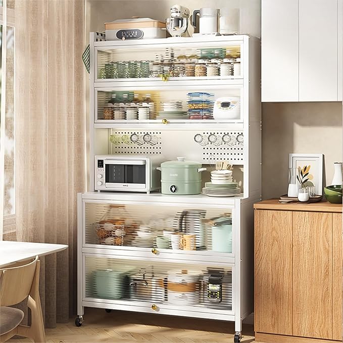 💥 Limited-Time Offer💥6-Tier Kitchen Storage Rack with Flap Doors, Pegboard, Wheels and 8 Hooks