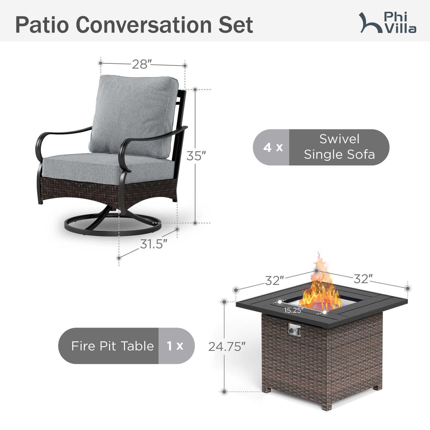 [Limited Time Offer] Phi Villa 4-Seater Outdoor Steel & Rattan Conversation Sofa Set With Square Fire Pit Table