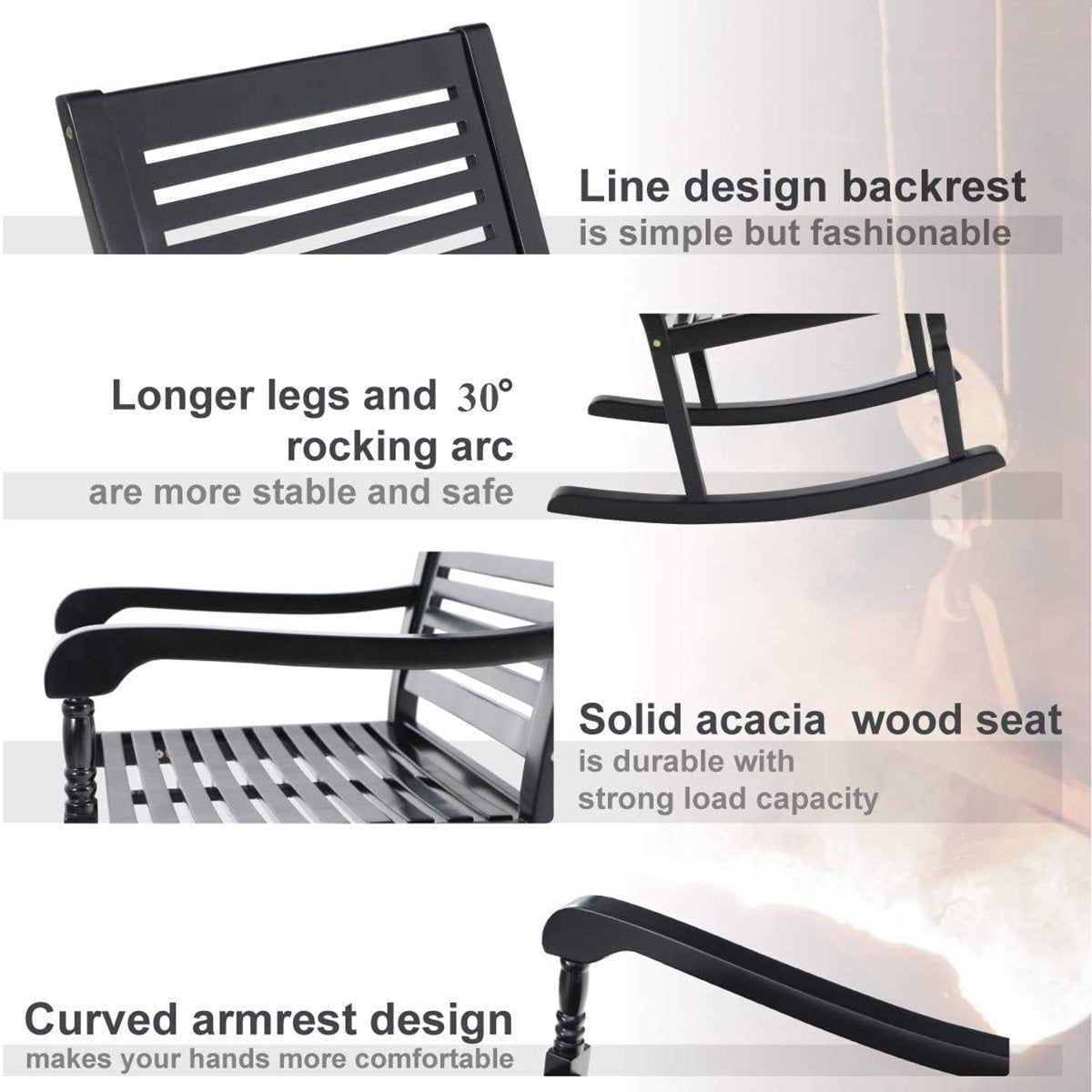 [Limited time sale] PHI VILLA Outdoor 1 Piece Acacia Wood Rocking Chair Garden Rocker Chair