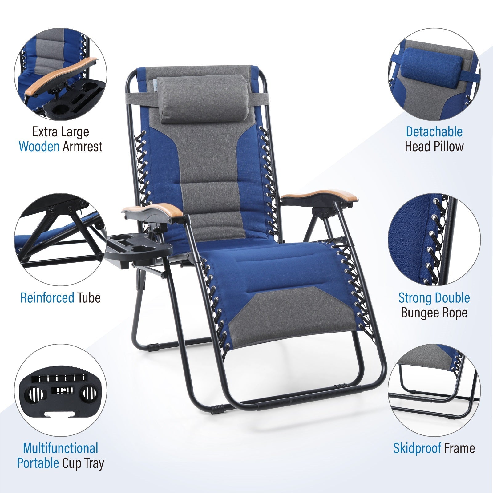 [Limited time sale] Phi Villa Patio Padded Oversize Recliner Zero Gravity Chair with Cup Holder