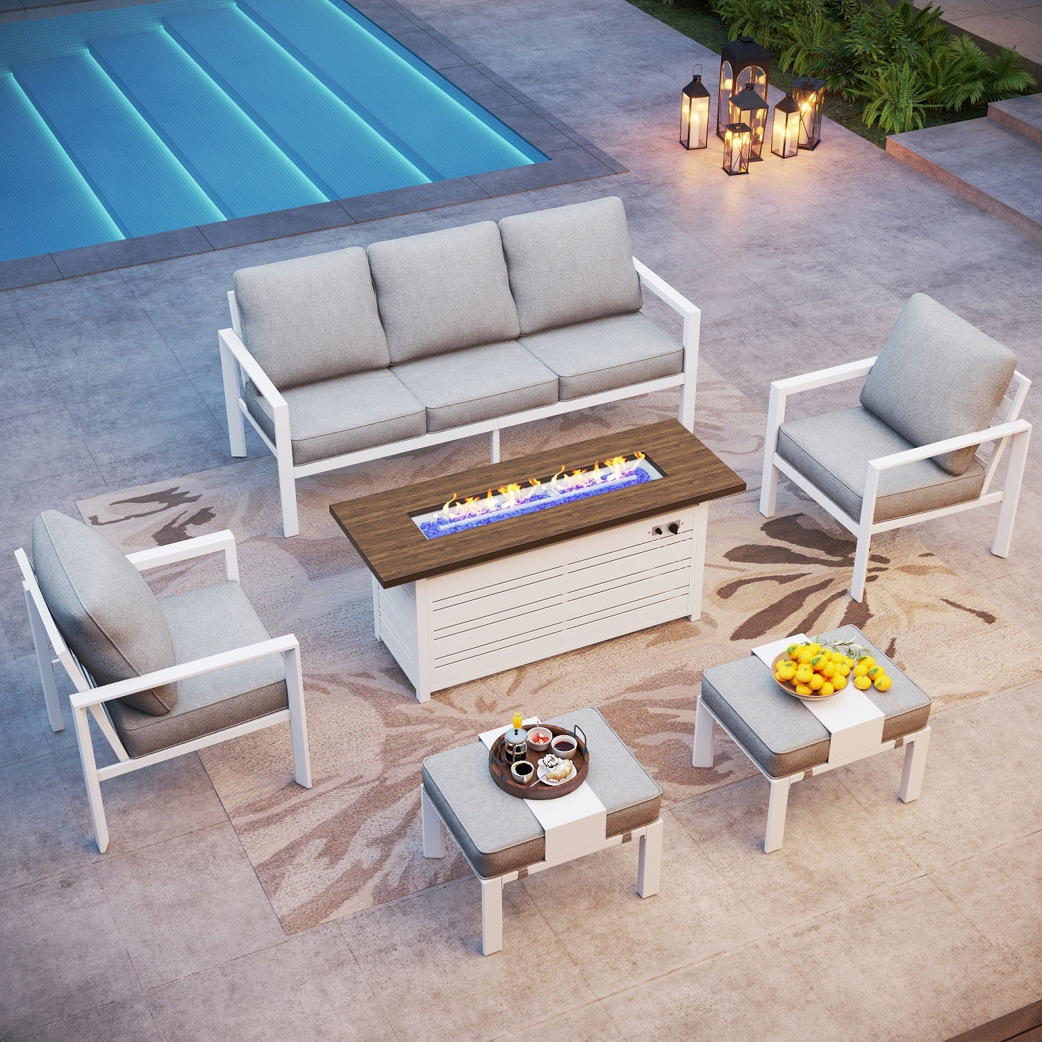 [Limited Time Offer] Phi Villa 7-Seater Patio Aluminum Sofa With Rectangle Metal Gas Fire Pit Table