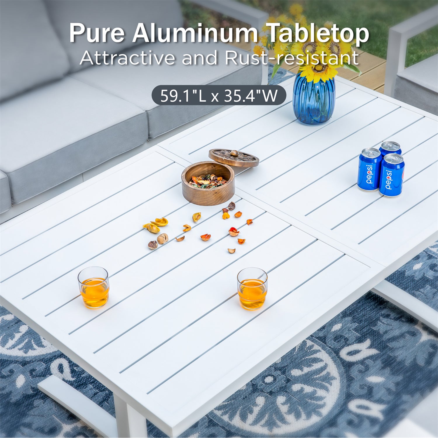 [Limited Time Offer] Phi Villa 7-Seater Patio Aluminum Sofa With Rectangle Metal Gas Fire Pit Table