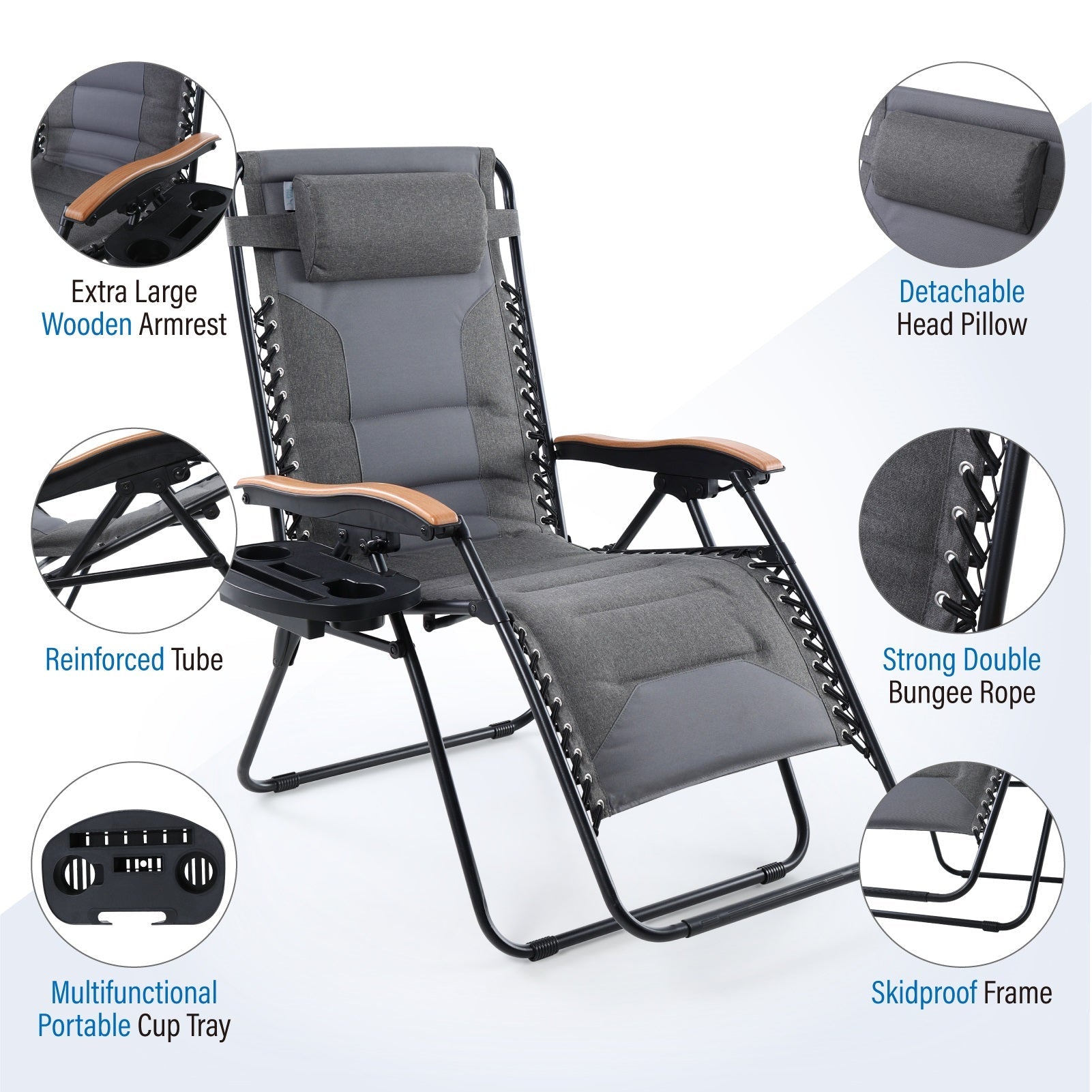 [Limited time sale] Phi Villa Patio Padded Oversize Recliner Zero Gravity Chair with Cup Holder