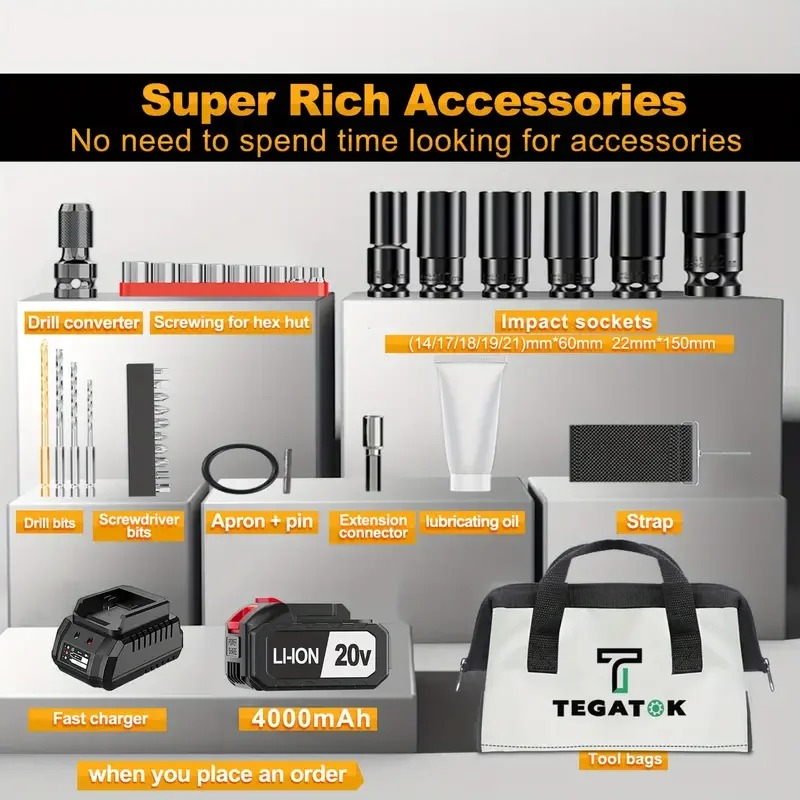 💝Last day clearance✨Tegatok Pro Cordless Impact Wrench - 430Nm Powerhouse with 2400 RPM, Brushless Motor, 4000 mAH Battery & 6 Socket Set - Rapid Charger, Tool Bag, 3-in-1 Design for Car & Home