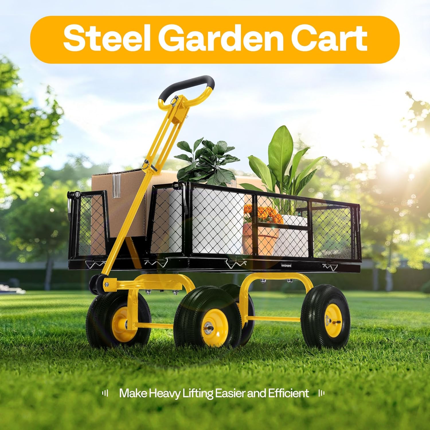 VIVOHOME Garden Cart Steel Heavy Duty 900 LBS Yard and Garden Wagon with 10 inch Tire and Handle Attach to ATV or Tractor