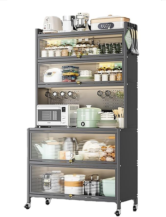 💥 Limited-Time Offer💥6-Tier Kitchen Storage Rack with Flap Doors, Pegboard, Wheels and 8 Hooks