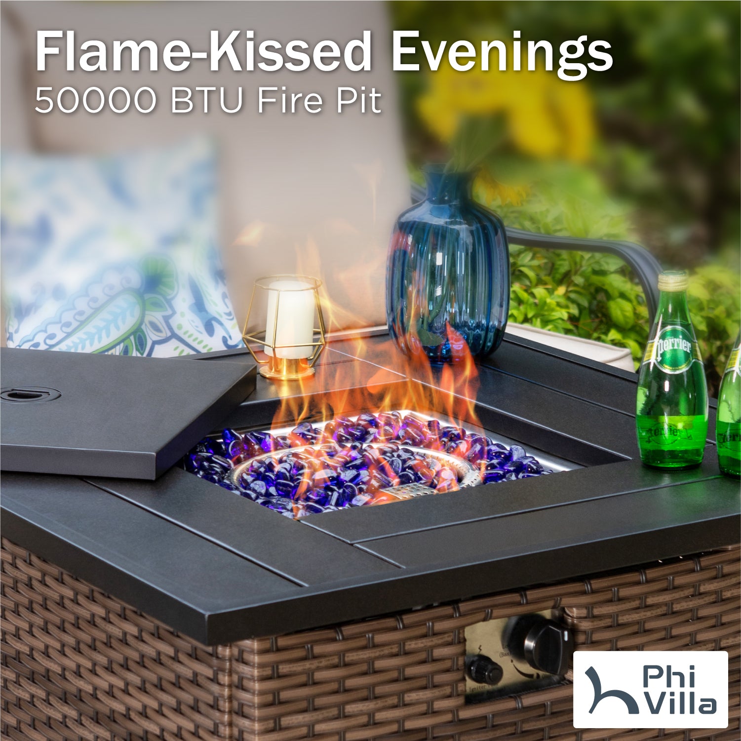 [Limited Time Offer] Phi Villa 4-Seater Outdoor Steel & Rattan Conversation Sofa Set With Square Fire Pit Table