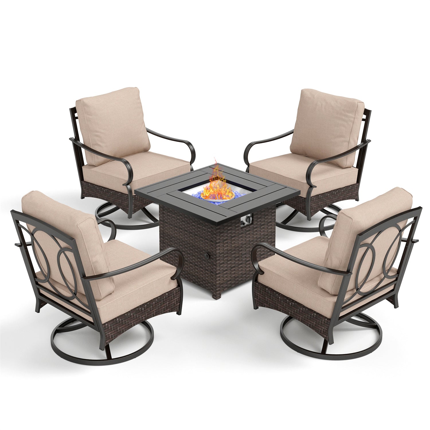 [Limited Time Offer] Phi Villa 4-Seater Outdoor Steel & Rattan Conversation Sofa Set With Square Fire Pit Table