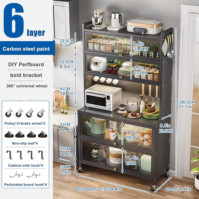 💥 Limited-Time Offer💥6-Tier Kitchen Storage Rack with Flap Doors, Pegboard, Wheels and 8 Hooks