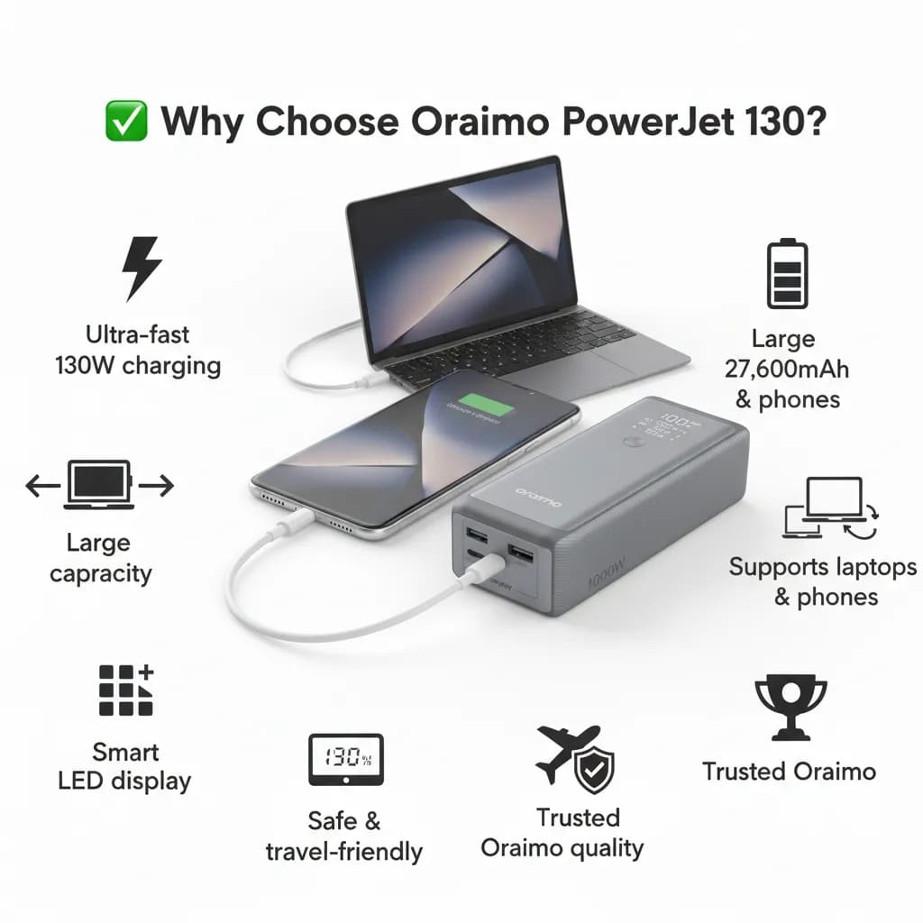✔ Large 27,600mAh Capacity Oraimo Power Bank 130 – The Ultimate 130W Ultra-Fast Power Bank for Laptops & Phones ⚡💻📱 ✅