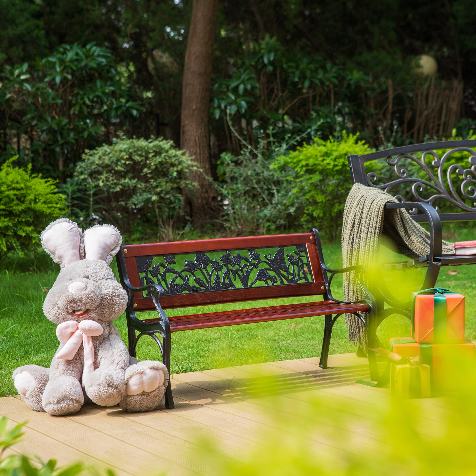 PHI VILLA 33 Outdoor Kids Sized Garden Metal Bench with Wood Seating