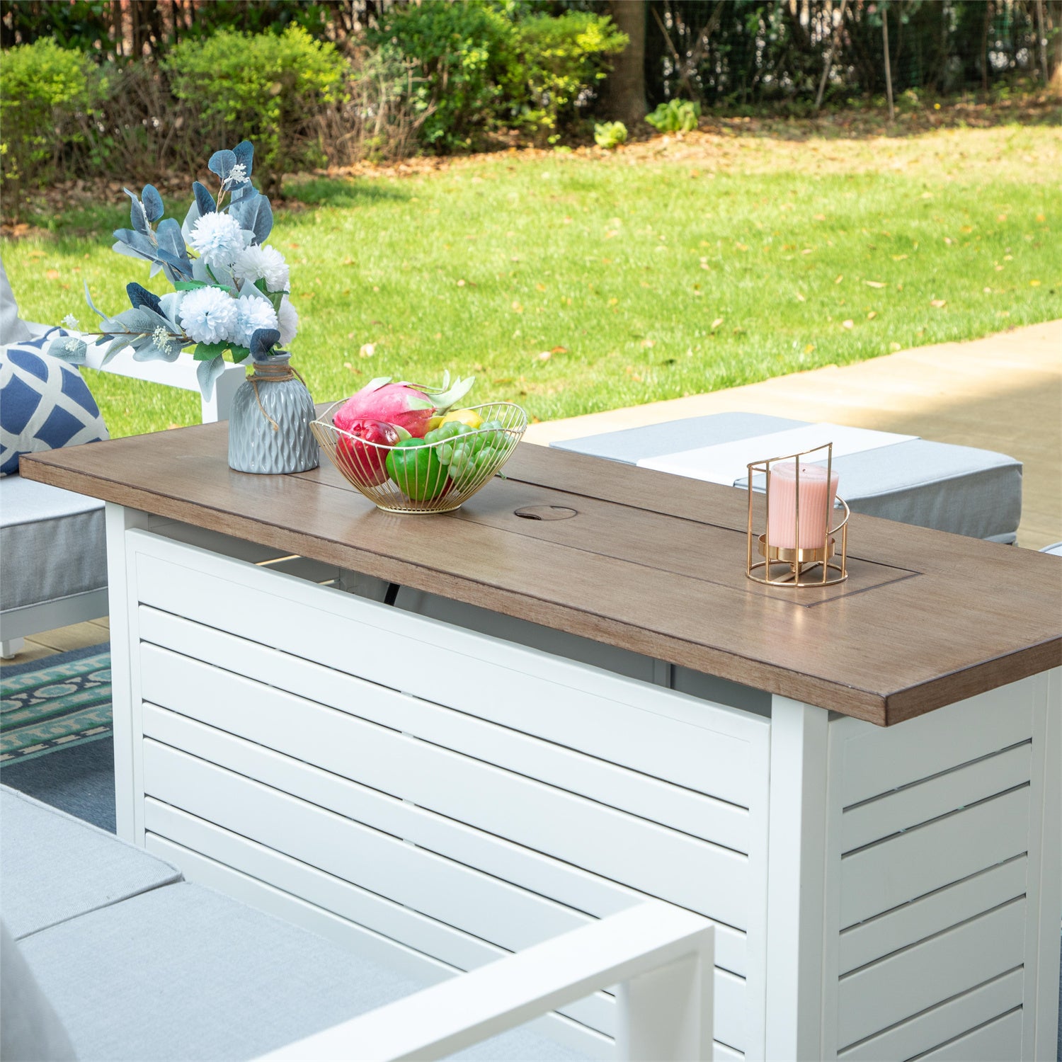 [Limited Time Offer] Phi Villa 7-Seater Patio Aluminum Sofa With Rectangle Metal Gas Fire Pit Table