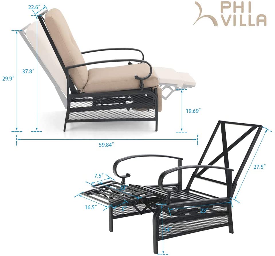 [Limited time sale] PHI VILLA Patio Lounge Chair Adjustable Metal Relaxing Recliner