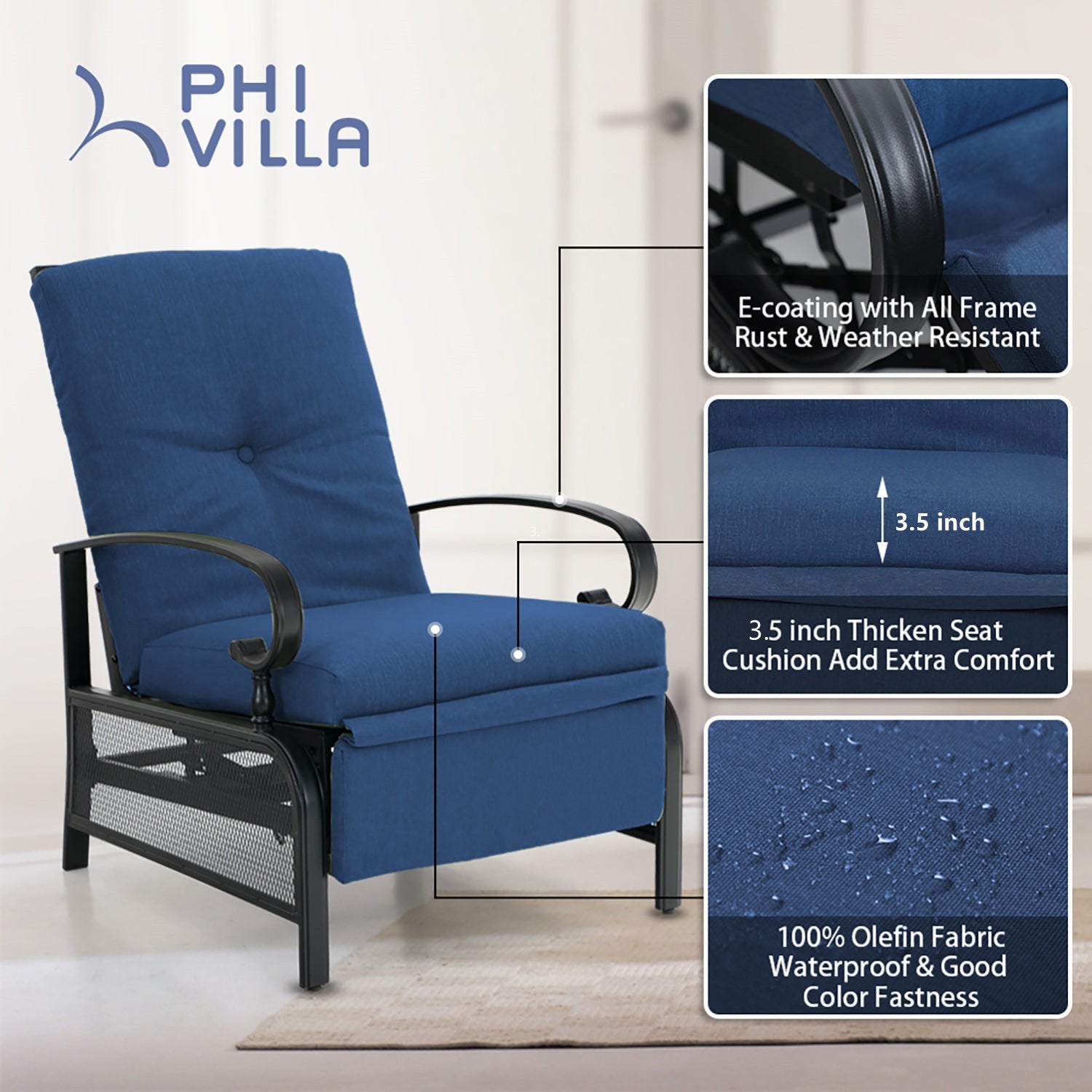 [Limited time sale] PHI VILLA Patio Lounge Chair Adjustable Metal Relaxing Recliner