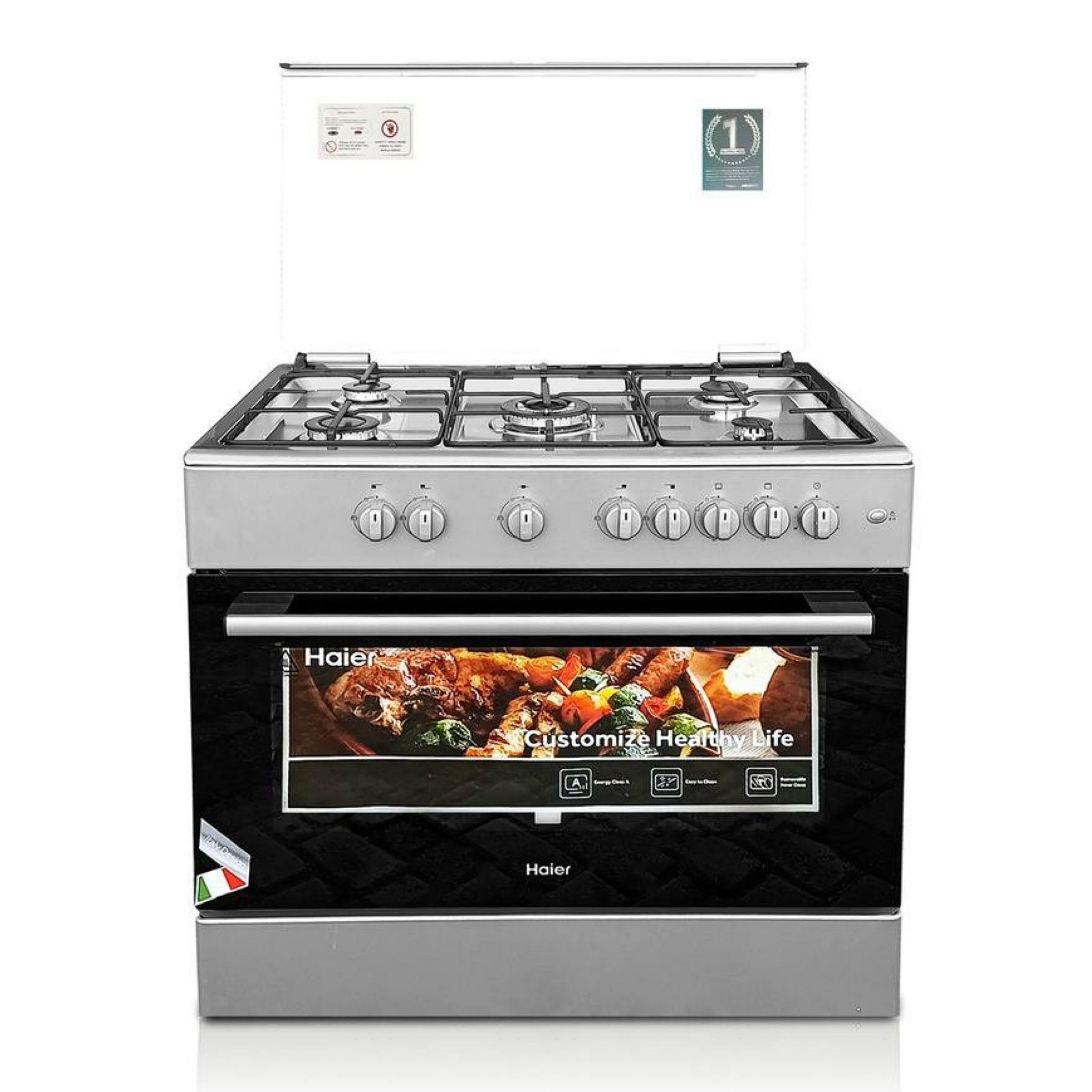Kitchen And Beyond🔥Save Big🔥Haier 90×60 5 Burner commercial, Domestic Gas Cooker with Grill & Rotisserie | 110L Big Oven, Stainless Steel, Auto Ignition, Flame Failure Device, 2-Knob Oven Control - HCR6050EGS