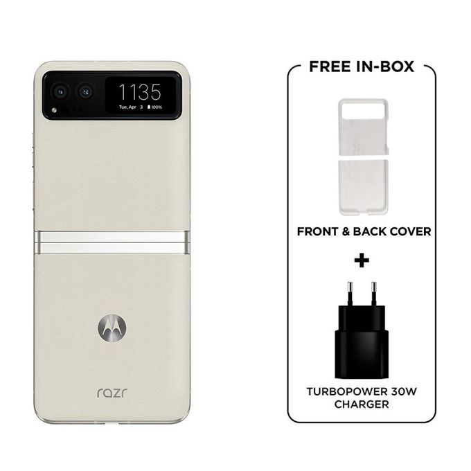 Motorola Razr 40 - 6.9 inches - 8GB RAM - 256GB HDD - 64MP (wide) + 13MP (ultrawide), 32MP front - 4200 mAh - Vanilla Cream + Free Cover & Charger