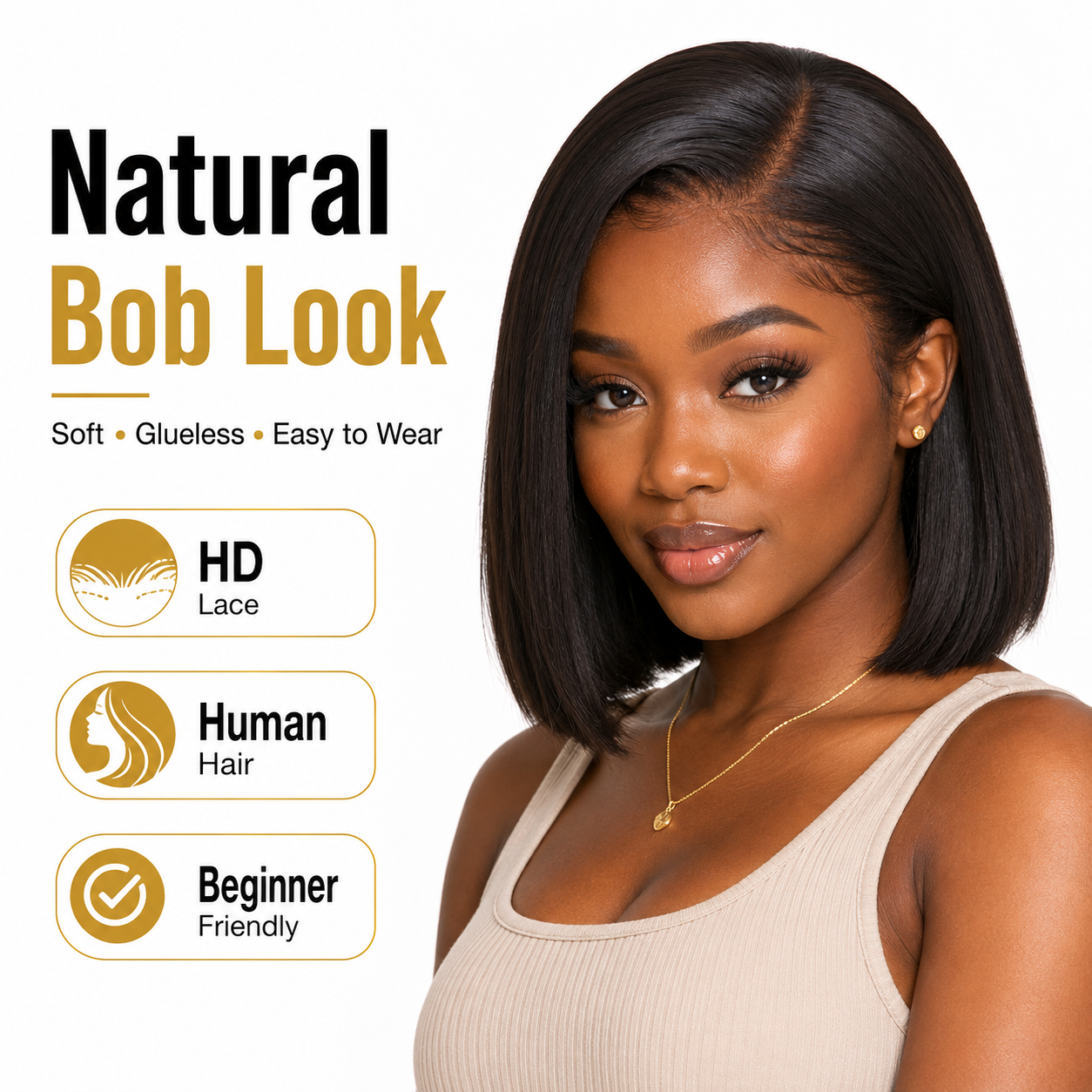 13x4 HD Lace Front Bob Human Hair Wig Glueless Pre Plucked Natural Hairline Soft Real Human Hair Bob Wig Easy Wear Daily Party Style For African Women