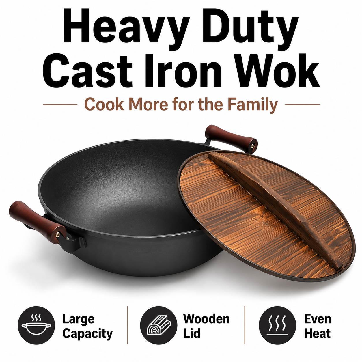 Large Cast Iron Wok Pot with Wooden Lid – Heavy Duty Family Cooking Pan
