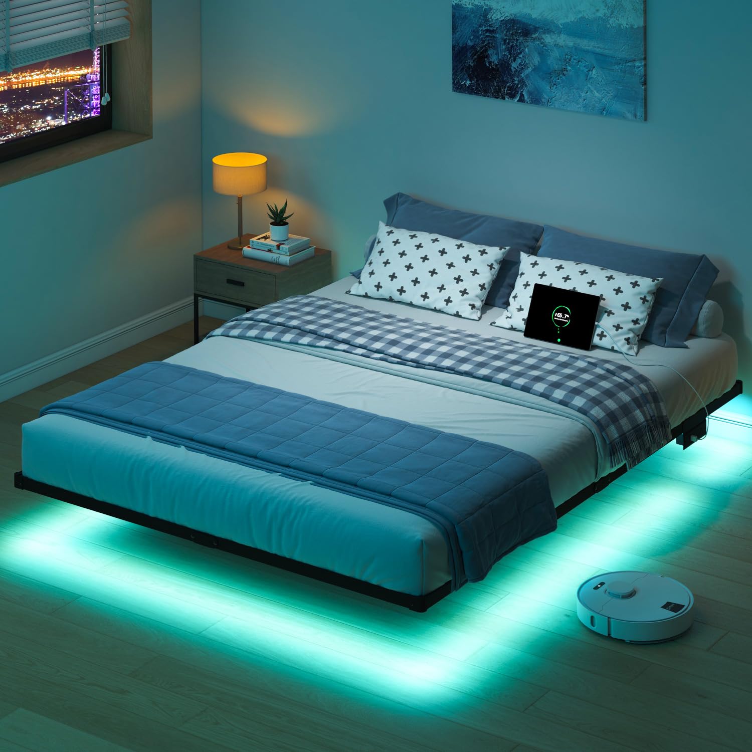 Floating Bed Frame Twin with LED Lights and Charging Station - 10 inch Platform Bed Frame No Box Spring Needed, Easy Assembly
