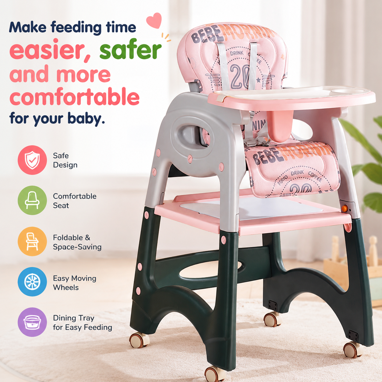 4-in-1 Foldable Baby Feeding High Chair with Wheels – Safe Dining Seat for Babies & Toddlers